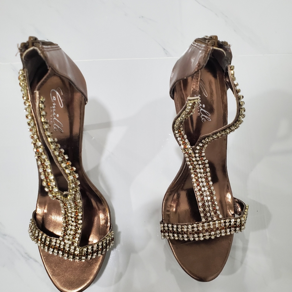 Camille Lavie 5" rhinestone strappy evening heel sandals bronze size 10